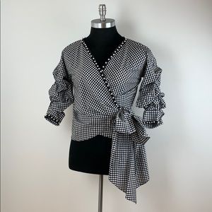 Zara woman’s wrap blouse DZ S with pearl trim